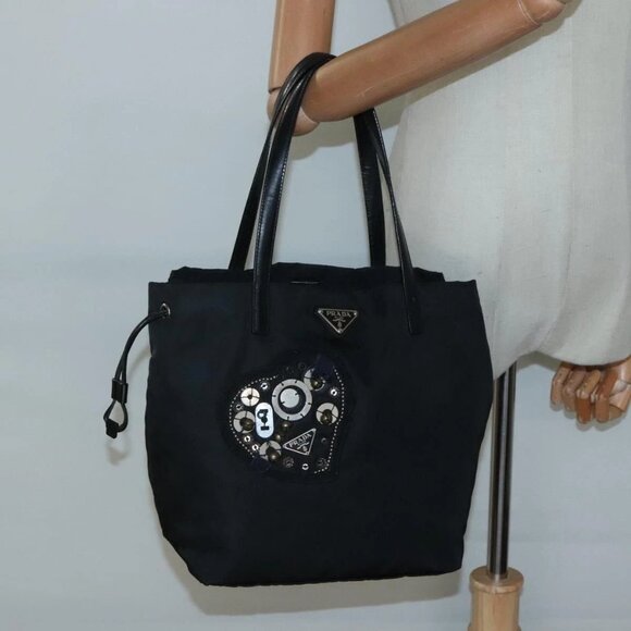 PRADA Tote Bag Nylon Black Silver Auth - Picture 1 of 16